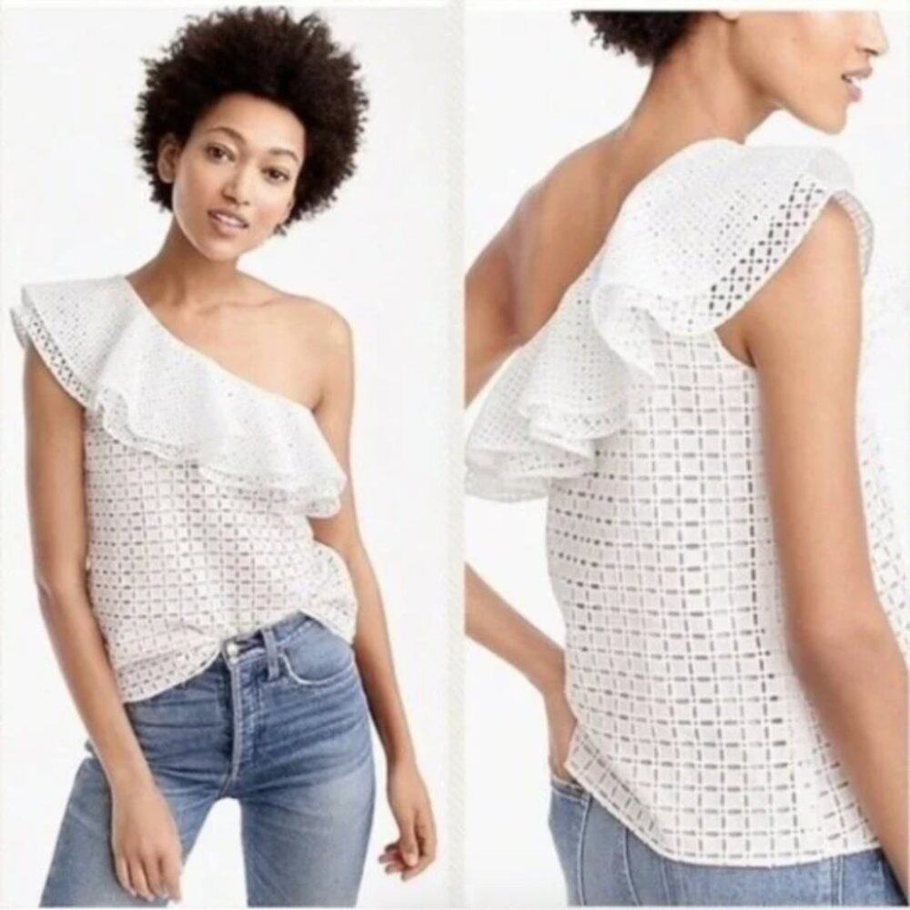J. Crew White Eyelet One-Shoulder Ruffle Blouse